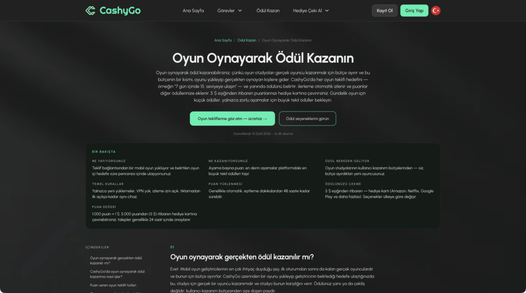 CashyGo oyun görevleri sayfası ekran görüntüsü