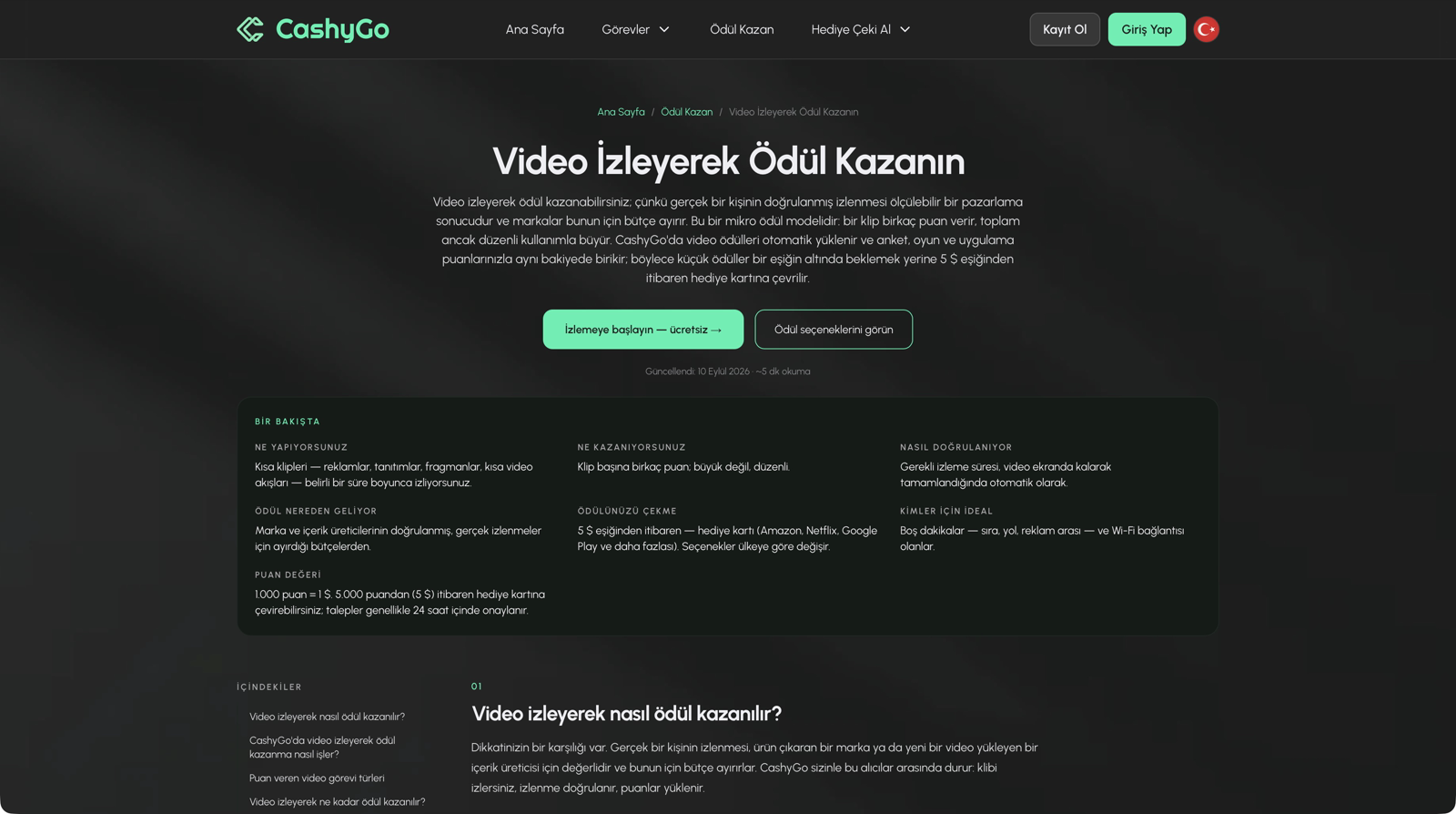 CashyGo video görevleri sayfası ekran görüntüsü